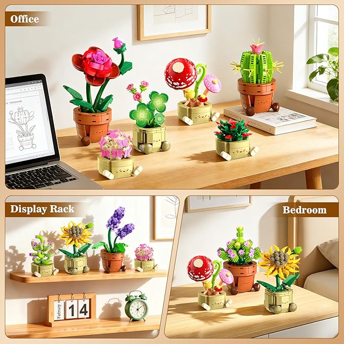 12 Pack Flowers Plants Mini Building Set - 1697PCS Flower Botanical Collection 3.6MM Succulent Building Toy for Home Office Decor Easter Birthday Party Favors Gift for Adults Girls Boys 12+