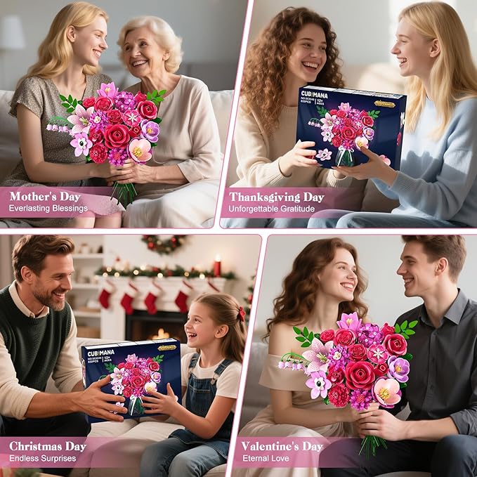 Flowers Bouquet Building Set with LED - 21 Rose Red Botanical Collection Kit for Adults Women Easter Gift for Her/Wife/Girlfriend/Mom 832 PCS Artificial Flower Plant for Home Decor