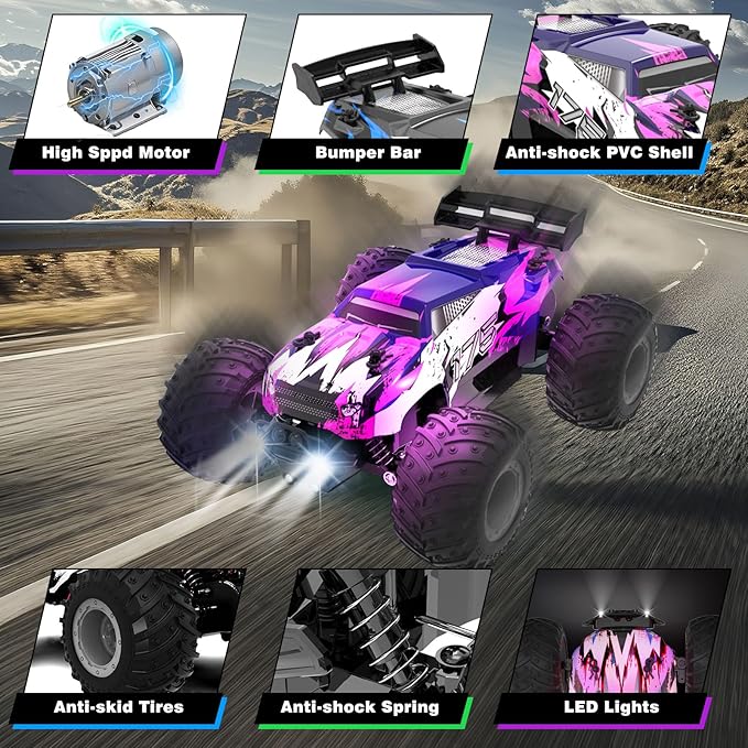 Sjpzwcrl Remote Control Car Toy Truck: - Hand Controlled Monster Truck Toys RC Car Electric Rock Crawler RC with Headlights and Colorful Toy Cars Body Lights for Boy Kids (Purple)