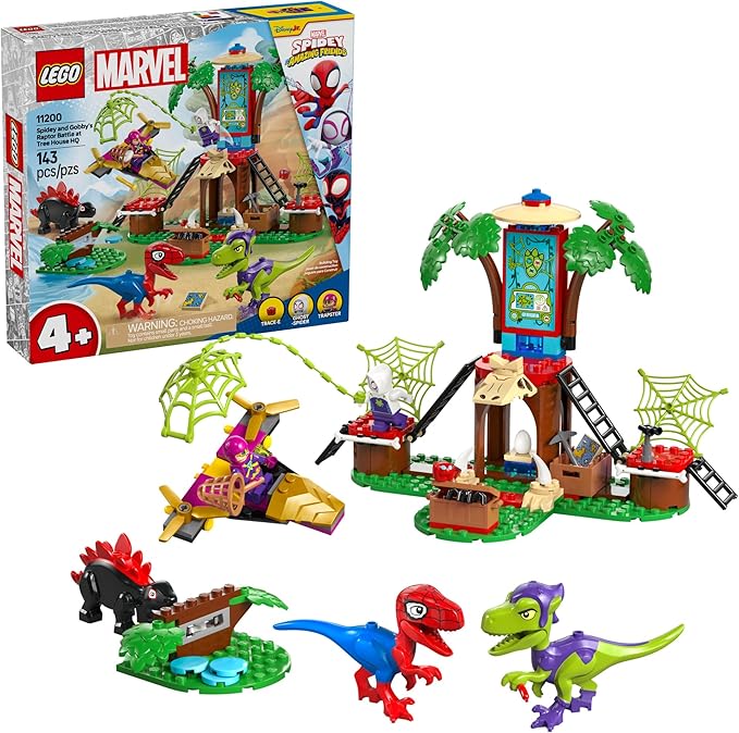 LEGO Marvel Spidey and His Amazing Friends Spidey and Gobby's Raptor Battle at Tree House HQ - Dinosaur Building Toy for Kids Boys and Girls Ages 4+ - Preschool Pretend Play Set - Gift Idea - 11200