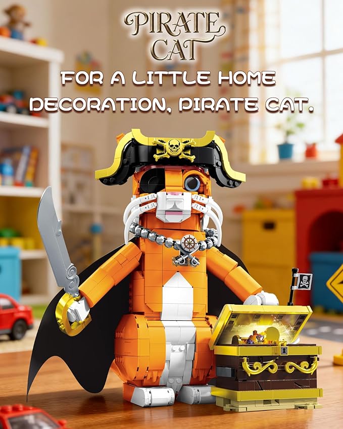 Pirate Captain Cat Building Set for Adults Compatible with Lego Set 1424PCS Orange Cat with Treasure Chest &amp Pirate Hat Adventure Collection Gifts for Animal Lovers