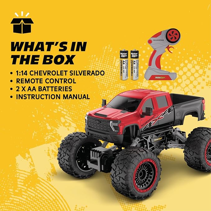 RC 4WD Heavy Metal Chevrolet Silverado Truck – 1:14 Scale Remote Control Car Stamped Metal Body 2.4GHz Full-Function Radio Control USB Rechargeable Ready to Run Red