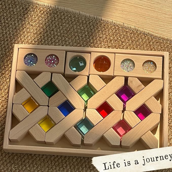 22PCS Wooden Cross Shape Blocks with Colorful Acrylic Sparkling Square Monochrome Kaleidoscope Gem Educational Construction Toy for Toddlers (22PCS Fence Mixed)