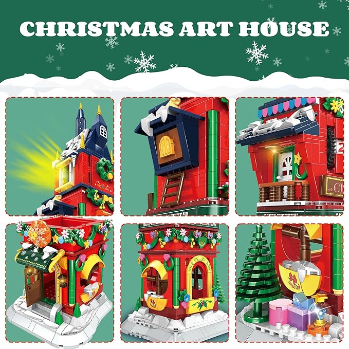 Christmas Countdown Tower House Building Toys - Lego-Compatible Christmas Village House Building Set with LED Light Countdown Clock Tower Christmas Festival Holiday Model Gift Idea for Adult Kids 6+