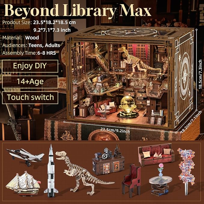 Book Nook Kit DIY Miniature Dollhouse Booknook Kit with Led Light and Dust Cover (Beyond Library Max)