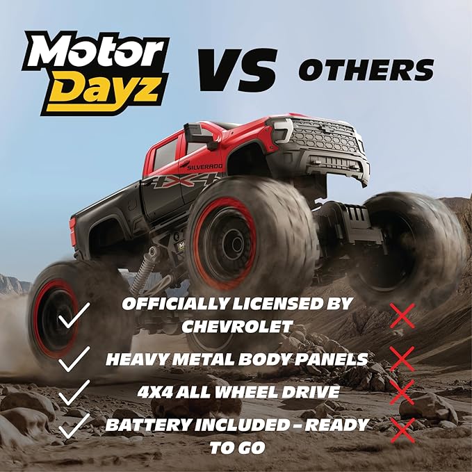 RC 4WD Heavy Metal Chevrolet Silverado Truck – 1:14 Scale Remote Control Car Stamped Metal Body 2.4GHz Full-Function Radio Control USB Rechargeable Ready to Run Red