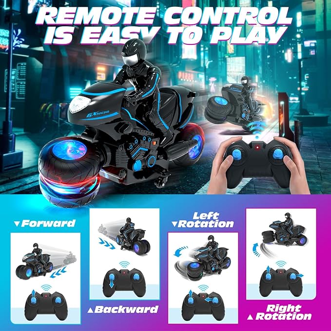 Tecnock RC Motorcycle Remote Control Motorcycle with LED Lights RC Car Dirt Bike Toy 360° Spins and Flips Rechargeable Batteries Gift for Boys Ages 5-7 8-12
