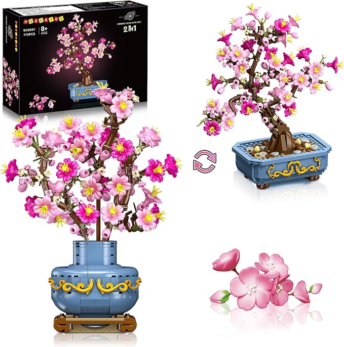 HOGOKIDS Flowers Cherry-Blossom Bonsai Building Set - 2 in 1 Artificial Bonsai Tree Plants for Home Decor &amp Display Cherry Botanical Building Blocks Birthday Easter Gift for Adults Teens (775PCS)