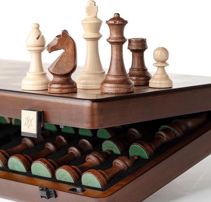 A&ampA 15 Magnetic Wooden Chess Set Handmade 3 King Height Staunton Chess Pieces with 2 Extra Queens Folding Portable Travel Game Set