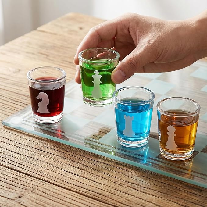 Shot Glass Chess Set 9.45-Inch Chess Board with 32 Mini 1.34-Inch Shot Glass Pieces Adult Drinking Chess Game for Parties Fun Novelty Gift