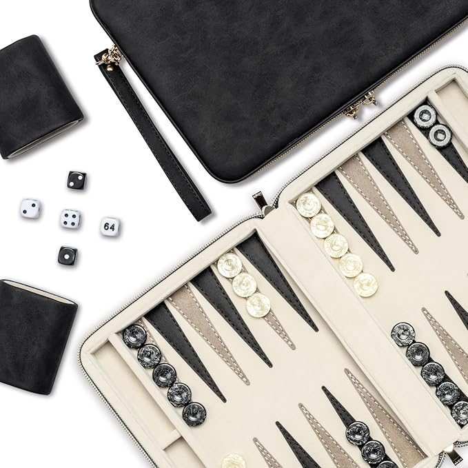 Backgammon Sets for Adults Classic Board Game with Folding Faux Leather Backgammon Case Portable Travel Backgammon Game Set (Black)
