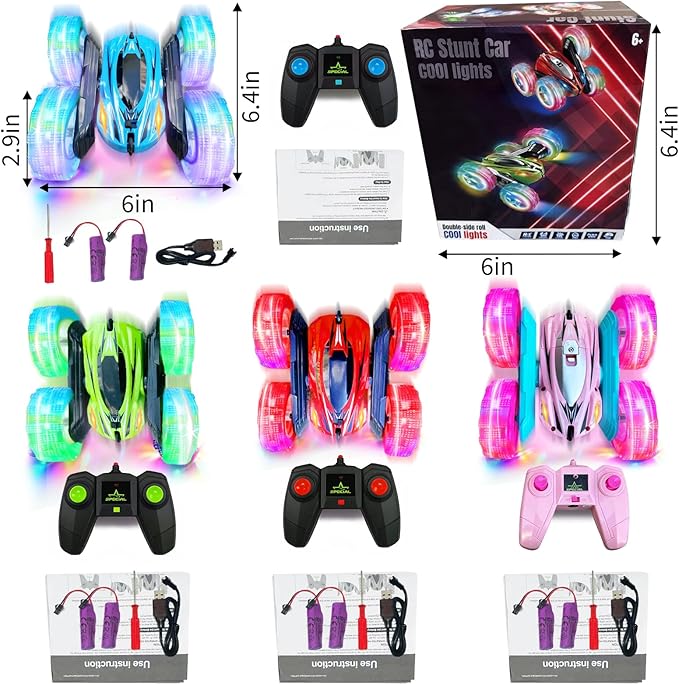 lumiparty 4Pack Remote Control Car Toys for Kids 2.4GHz RC Stunt Cars with Wheel Lights Drift High Speed 4WD Off Road Double Sided 360° Rotating Cars for Boys Girls.
