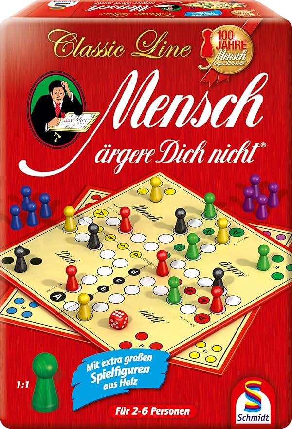 Schmidt Spiele 49439 Mensch ärgere Dich Nicht in der Metalldose Classic Line with Extra Large Wooden Toy Figures