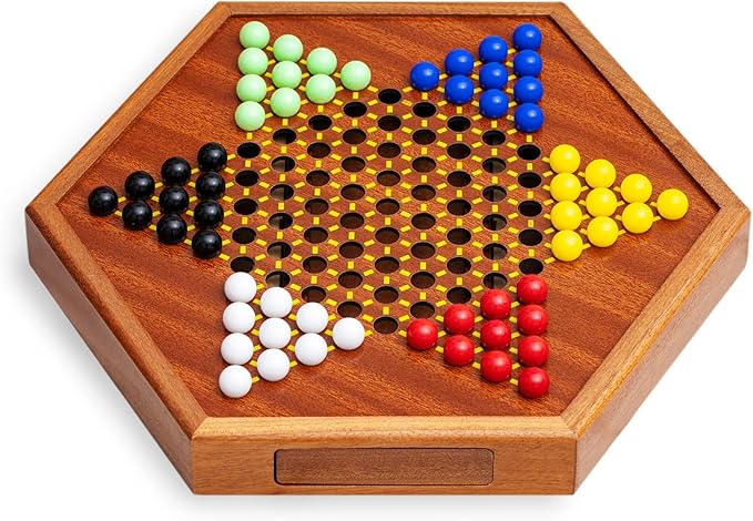 Wooden Chinese Checkers Game Set with Storage Drawer 12.6 inches - Includes 60 Colorful Acrylic Chess Pieces (6 Colors) - Classic Strategy Board Game