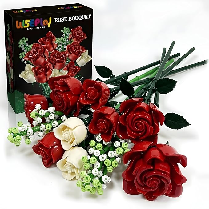 WISEPLAY Rose Bouquet Flower Building Set – 697 PCS for Women DIY Red &amp White Rose Flower Building Blocks Creative for Adults &amp Teens