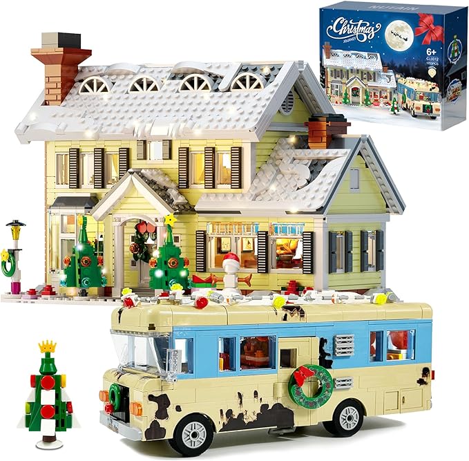 Snow Village&amp RV Building Set with LED Lights2 in 1 Christmas Vacation Holiday House and Christmas Holiday Snow Village RV Gift(1726PCS)