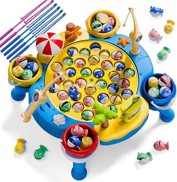 ORANGE OCEAN 70 PCS Magnetic Fishing Table Game for Kids Boys Toddlers Ages 3-5 4-6 Magnetic Fishing Toys with 360° Rotation &amp Sound Birthday Toys Gifts for 3 4 5 6 Year Old Boys Kids 1-8 Playe