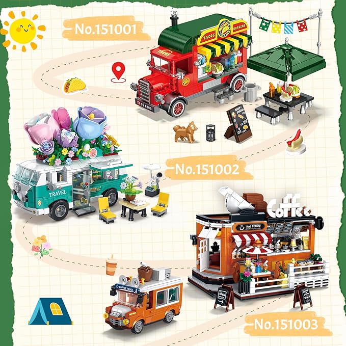 Taco Truck Building Blocks Set Cityscape Series Building Sets with Separate Dining Table and Puppy Pretend Play DIY Building Toys Gifts for Family Friends on Birthday Festival (615 Pcs)