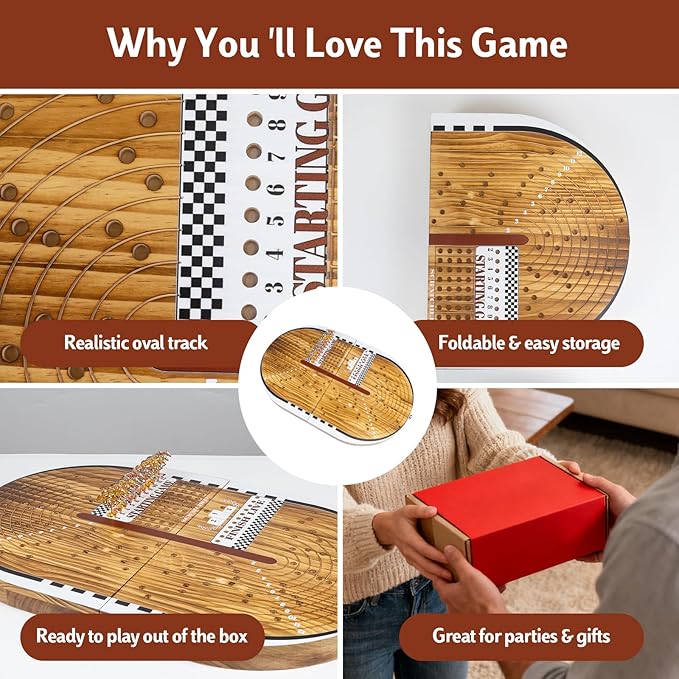 26.4in Wooden Horse Race Board Game for Adults – Foldable Horse Racing Game Board with 11 Metal Horses 2 Jumbo Dice 2 Decks of Cards 2 Boxes of Chips – Party Horse Game Night for Family &amp Frien