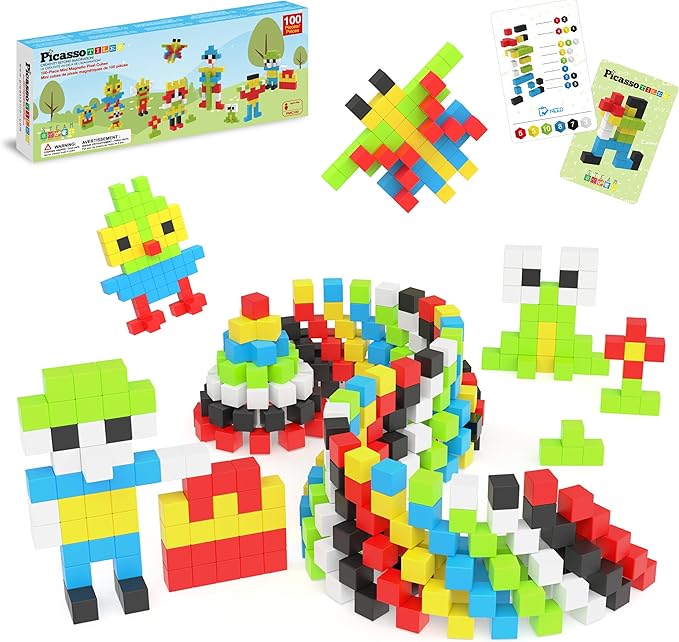PicassoTiles 100pcs 0.5” Pixel Magnetic Puzzle Cube Mix &amp Match Cubes Sensory Toys STEAM Education Learning Building Block Magnets Children Construction Toy Set Stacking Magnet Creative Kit PMC100