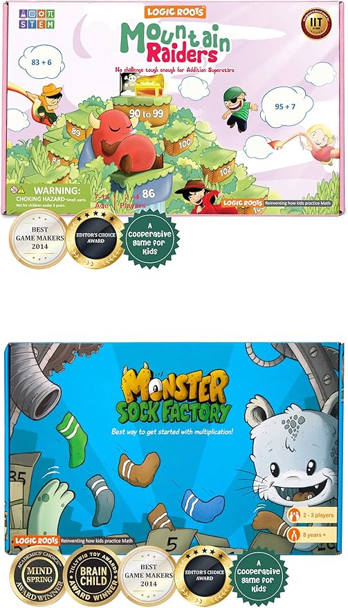 Two Math Games for Kids - Learn Addition Subtraction and Multiplication Table | Educational Games for Kids 5 and up for Kids (Monster Sock Factory + Moutain Raiders)