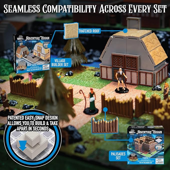 Monster Adventure Terrain - NEW! Village Builder Set (158pc) - 3D Interchangeable Dungeon System w 23 New Tiles - Build Modular Worlds in a Snap &amp Elevate Your Campaign - Compatible with DND