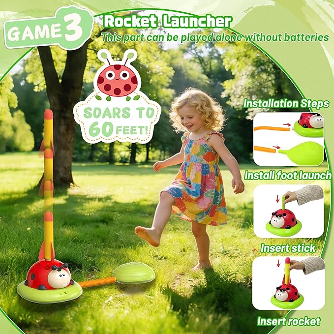5 in 1 Musical Jump Bean Bag Toss Ring Game Baseball Toys and Stomping Launch Rocket Launcher for Kids Remote Control Indoor Outdoor Sports Toys for Kids Ages 4-8 3-5 Birthday Easter Gifts