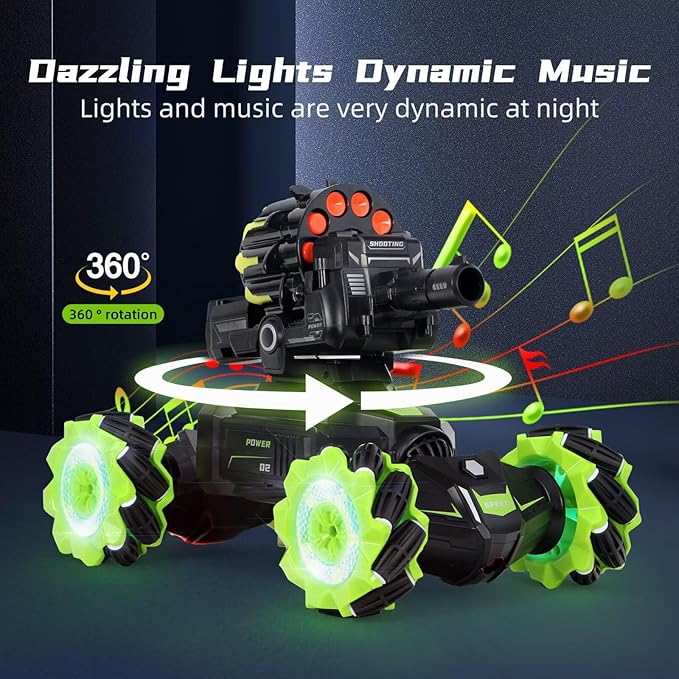 Rc Car Shoot SoftBulletFits for Nerf Remote Control Hand Gesture Stunt Drift Truck 360°Rotating Battle Tanks with Soft Bullets Water Bomb Spray Music Led Toy Gifts（Green）