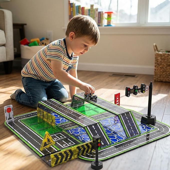 Magnetic Road Tiles Set with Pull-Back CarsMagnet Building Blocks for Kids Ages 4-8 with Magnetic Ship &amp Traffic LightsSTEM Educational Preschool Learning ToysIdeal Gift for Boys and Girls
