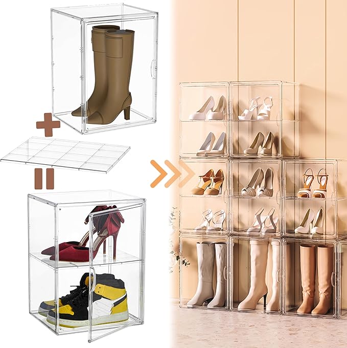 Attelite XXX-Large Clear Display Case Stackable Plastic Storage Bins with Lid 2 Tiers Boot Shoe Box Organizers with an Adjustable Divider Big Acrylic Display Storage Box with Magnetic Door