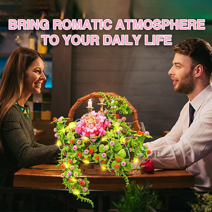Flower Bouquet Building Set Flowers Basket Bonsai Plants with Light Botanical Collection Wall Decor Creative Building Toy Gift for Adults (691 PCS)