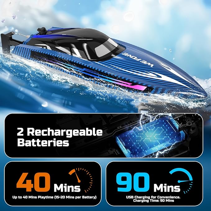 RC Boats for Adults Remote Control Boat for Pools and Lakes WF17 25+ KMH Fast RC Speed Boat with 7 LED Light Modes for Kids 8-12 Summer Toys for Boys Girls 2 Batteries for 30-40 Mins Blue