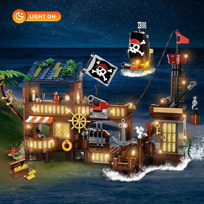 HOGOKIDS Pirate Ship House Building Set with LED Light - 3 Style Modes Pirate Wharf Supply Center Building Block Set 781PCS STEM Bricks Kit for Kids Girls Boys Ages 6-12+ Valentines Gifts
