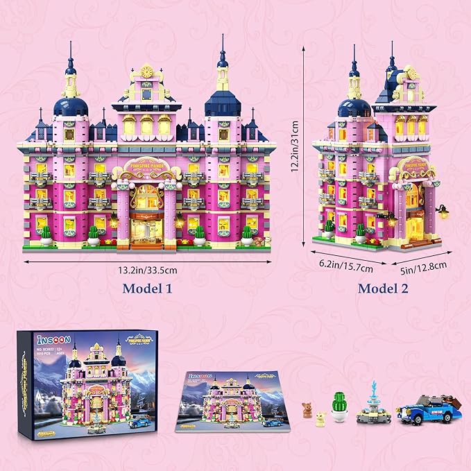 Pink Estate House Building Set with Lights 3 Style Pinkspire Construction Model with Car Fountain 1815 PCS Friends Villa Castle Building Block Kit Home Decor Gift for Adults Boys Girls 8-12+