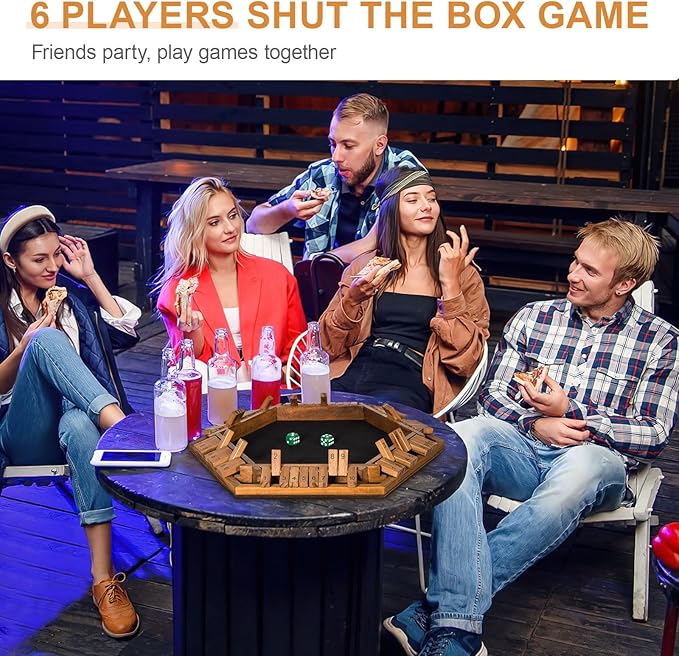 1-6 Players Shut The Box Dice Game Wooden Board Table Math Game for Kids Adult with 24 Dice Close The Box Game for Family Party Christmas Birthday