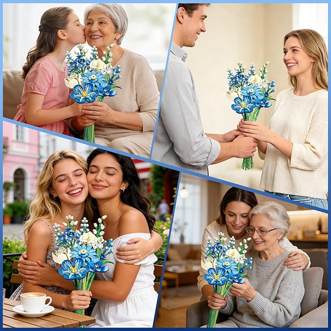 Blue Flower Bouquet Building Set Compatible with Lego Flowers for Adults Artificial Botanical Collection Kit for Valentines Day Mother's Gifts Home Room Desk Shelf Decor