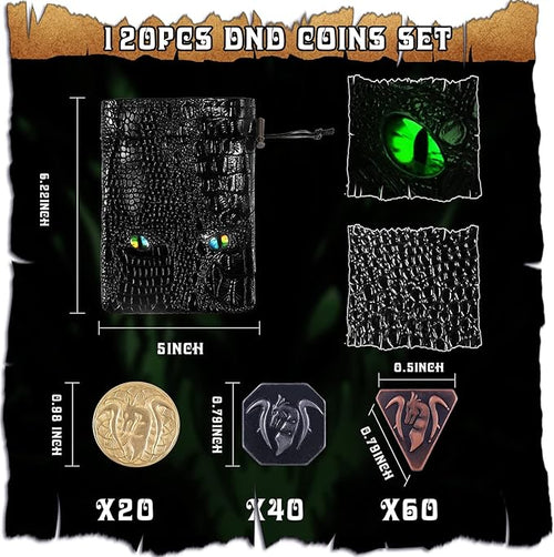 120PCS Metal Silver &amp Copper DND Coins for DND Tokens DND Accessories with PU Leather Bag as DND Gifts for DND Board Game Player Fake Coins with Leather Bag of Colorful Eyes for Cosplay Board G