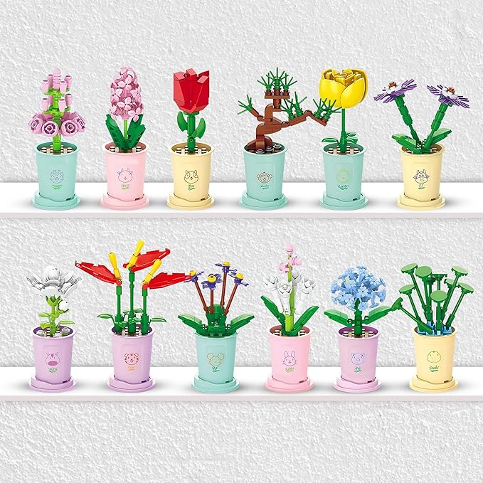 Liberty Imports 12 Pack Mini Flower Botanical Building Block Collection Creative Flower Plant Toy Set for Kids Home or Office Colorful Decorations