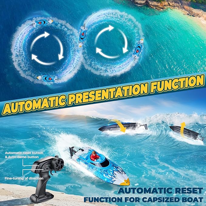 25KMH RC Remote Control Boat with LED Lights Self-Righting Low Battery Alert 2.4GHz with 800 mAh Lithium battery Waterproof Electric Fast Speed Boat for Pool &amp Lake Toy for Boys Girls Blue