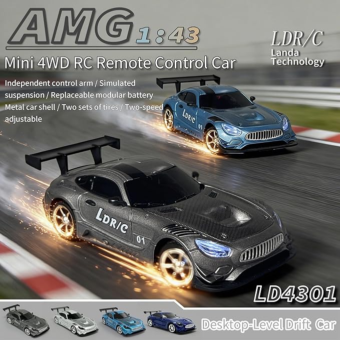 LDRC LD4301 1:43 Scale RC Drift Mini Car 2.4G Remote Control Car with Alloy Shell Built-in Gyroscope Mini Desktop Racing Vehicle for Indoor/Outdoor Play (Grey)