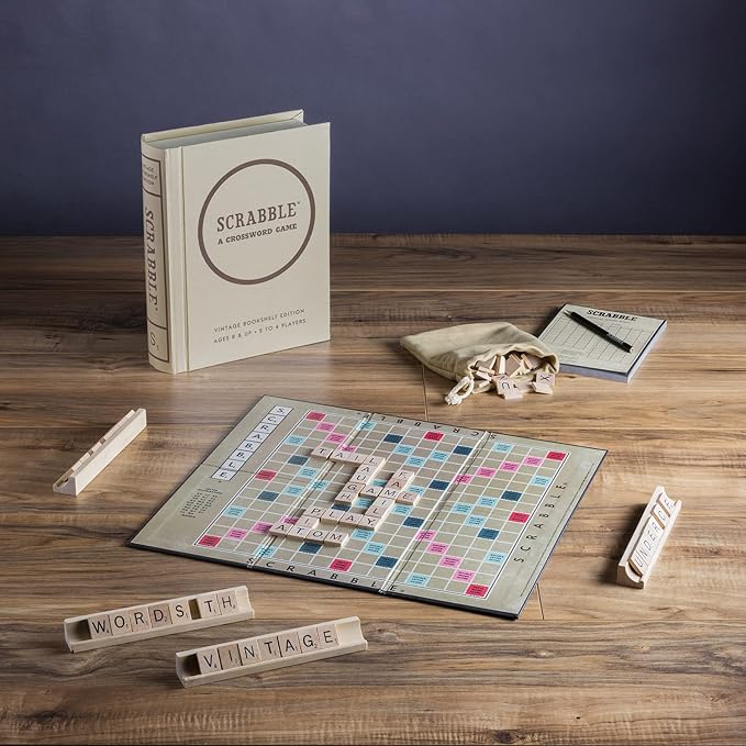 WS Game Company Scrabble Vintage Bookshelf Edition Linen Fabric-Wrapped Book Case with Solid Wood Tiles and Racks Classic Retro Scrabble Board Game for Family Night 2 to 4 Players Ages 8+