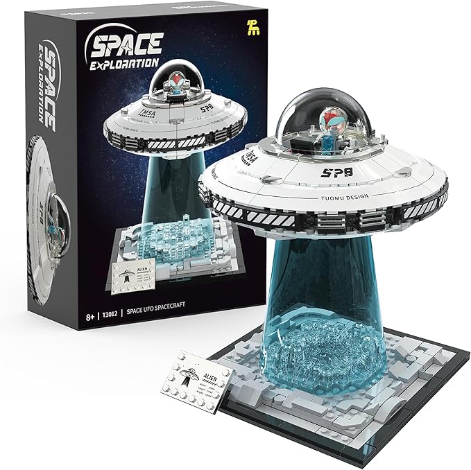 UFO Spaceship Building Block Set Creative UFO&ampAlien Building Set Space Exploration Spaceship Brick Dual LED Lights and Transparent Base Model for UFO Lover CollectionGifts for Ages 8+