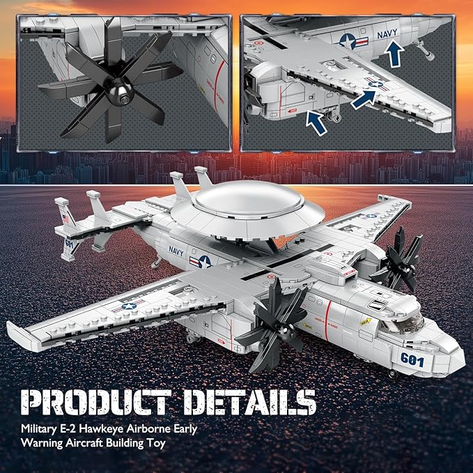 NUTCRACKER Military Airplane Building Set for Adult - E-2 Hawkeye Airborne Early Warning Aircraft Building Toy Fighter Jet Home Collection Model Christmas Birthday Gift for Men Boy 14+ (1144Pieces