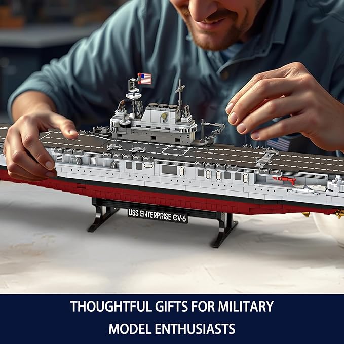 USS Enterprise Aircraft Battleship Building Toys Set (1883Pcs) WW2 Navy Ship Model with Molded Airplanes and Display Stand 30 Long Military Building Block Toy for Teens and Adults
