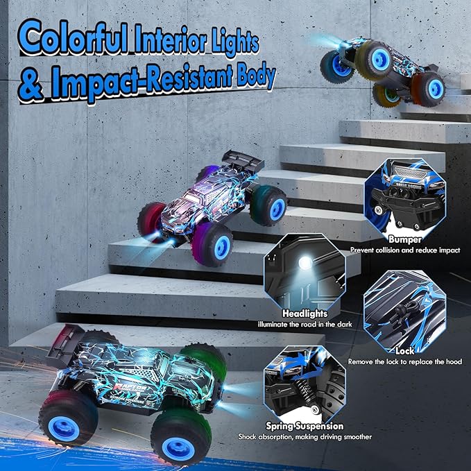 Remote Control Car 1:18 Rc Cars All-Terrain RC Truck with LED Light 20KM/H Rechargeable 2WD 2.4GHz Sturdy PVC Shell Remote Control Truck for Boys 4-7 8-12 Beginner