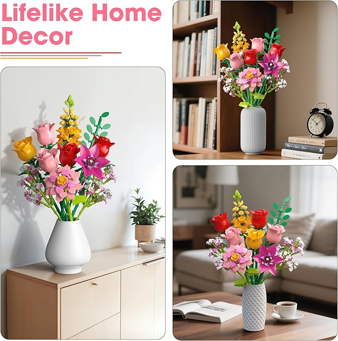 Flower Bouquet Building Blocks Set – 765Pcs DIY Floral Arrangement Toy for Home Office Decor Birthday Anniversary for Women Girls Kids Flowers Model Kit for Ages 6+