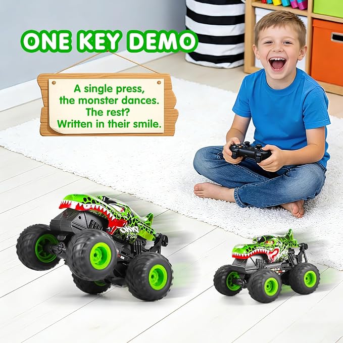 DYODYORC Remote Control Car 2.4Ghz All Terrain Dinosaur Monster Truck Toys RC Truck with Music 3 Lighting Effects 360 Stunt Capable 2 Batteries Ready to Run Toy Gifts for Boys and Girls (Green)
