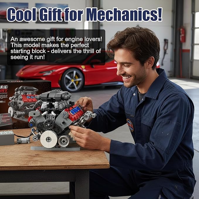 V8 Engine Building Set for Adults Build Your Own MOC Mini V8 Engine STEM Model Toy with Motor Model kit That Run Car Engine Building Blocks for Teens &amp Kids Boys (1189PCS)