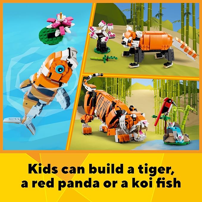 LEGO Creator 3 in 1 Majestic Tiger - Building Toy for Boys &amp Girls Ages 9+ - Gift for Easter Baskets - Kids Bedroom and Desk Decor - Build Tiger Panda or Koi Fish - 31129