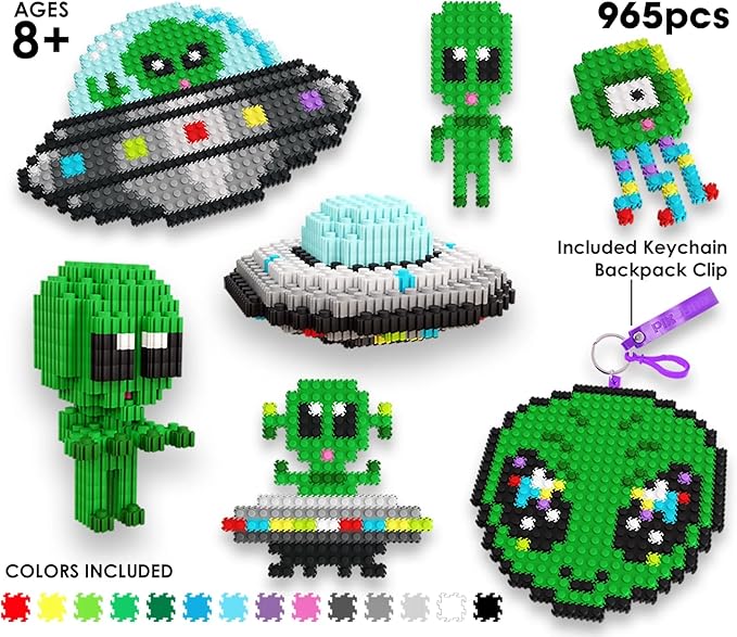 Pix Brix Space Bottle – UFO Set | 965-Piece 2D &amp 3D Alien Building Kit for Kids 8+ | Reusable Storage Bottle Keychain Clip Pixel Art Blocks | Creative STEM Toy Compatible with Major Brick Brand